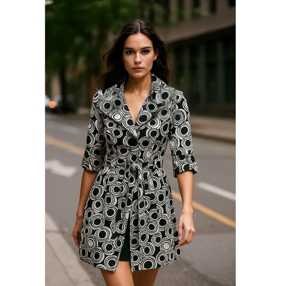 Ambition for Nordstrom Black White Mod Circle Print Belted Trench Coat Jacket  M - Picture 1 of 13